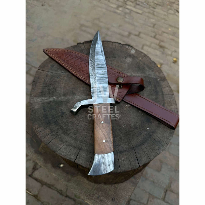 14-Inch Damascus Frontier Bowie Knife — 9-Inch Blade, Lace Wood Coffin Handle, Steel Guard & Tooled Leather Sheath