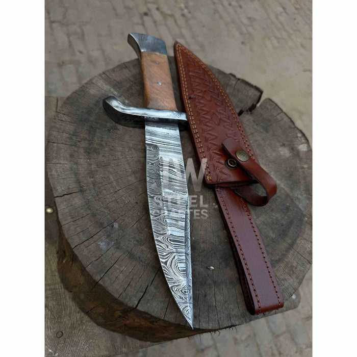 14-Inch Damascus Frontier Bowie Knife — 9-Inch Blade, Lace Wood Coffin Handle, Steel Guard & Tooled Leather Sheath