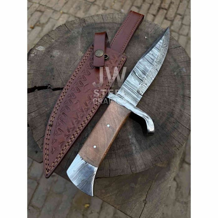 14-Inch Damascus Frontier Bowie Knife — 9-Inch Blade, Lace Wood Coffin Handle, Steel Guard & Tooled Leather Sheath