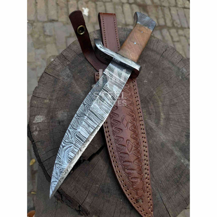 14-Inch Damascus Frontier Bowie Knife — 9-Inch Blade, Lace Wood Coffin Handle, Steel Guard & Tooled Leather Sheath