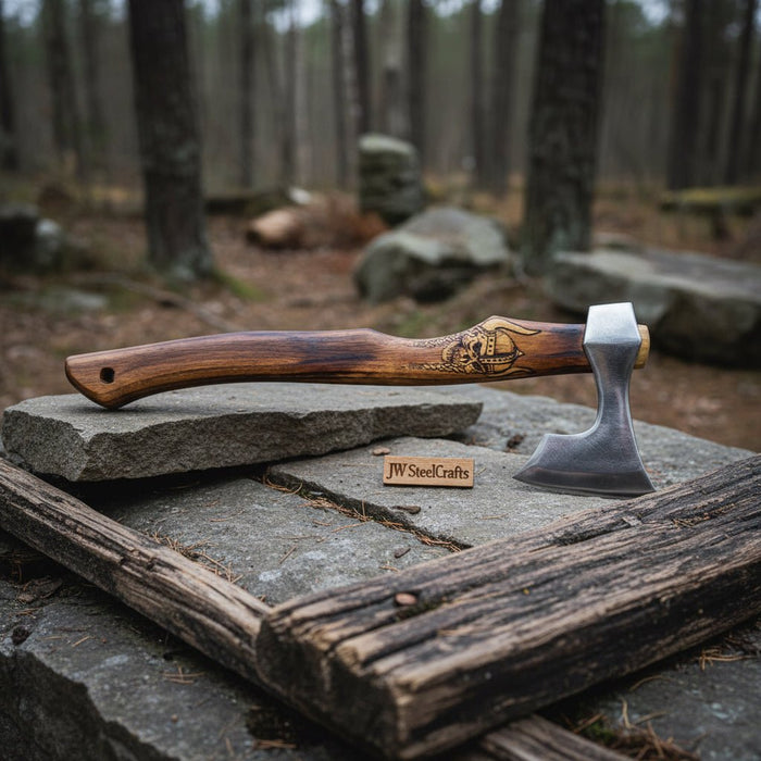 Hand Forged Damascus Steel Viking Axe – 18” Bearded Bushcraft Hatchet with Hardwood Handle | JW SteelCrafts