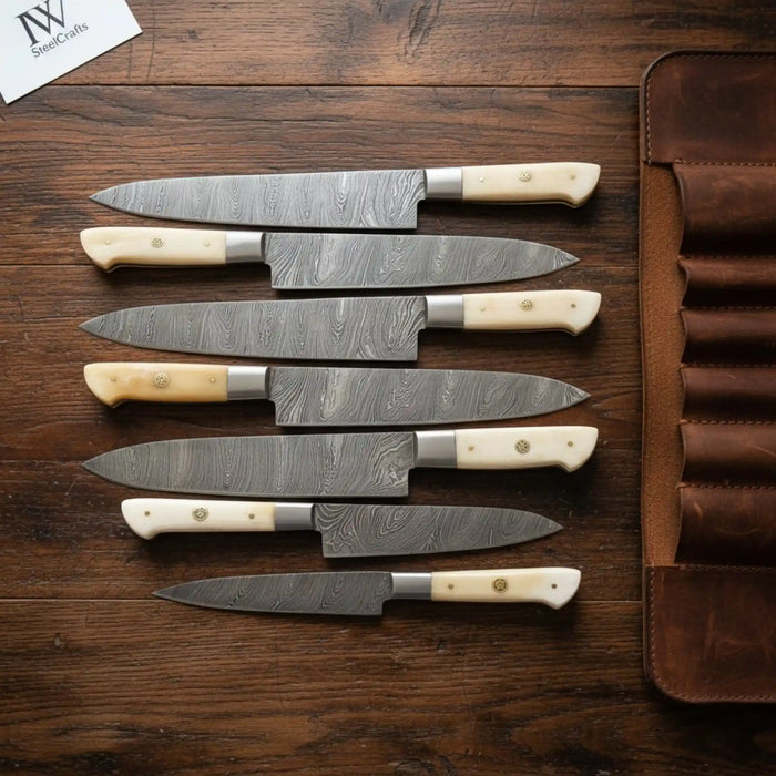 Damascus Western Chef & Carving Knife Set – 7-Piece Full Tang Collection with Camel Bone Handles
