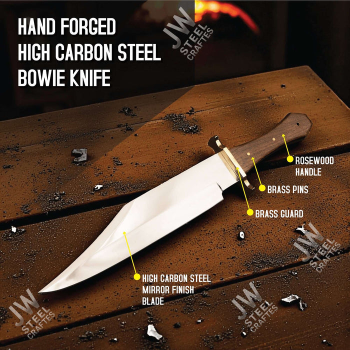 Handmade Carbon Steel Frontier Bowie Knife with Rosewood Handle | JW SteelCrafts