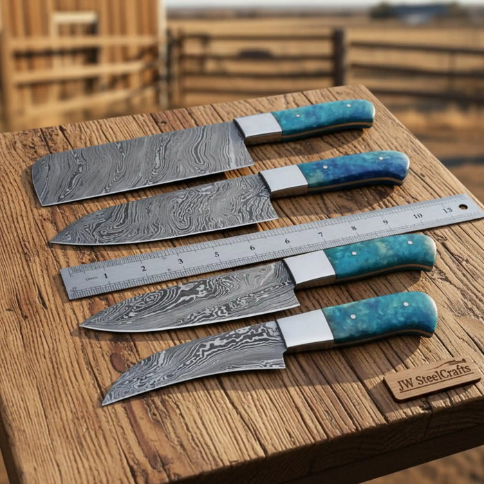 Twisted Damascus Kitchen Knife Set — Nakiri & Cleaver Collection, Blue Resin Handle, Steel Bolster