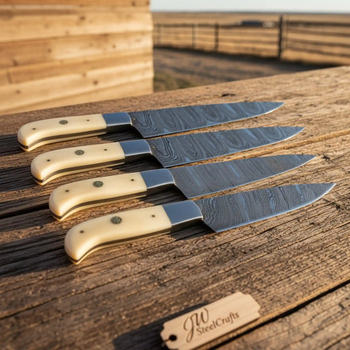 Hammer-Forged Twisted Damascus 4-Piece Steak Knife Set — Camel Bone Handles, Steel Bolster, Full Tang Dining Knives