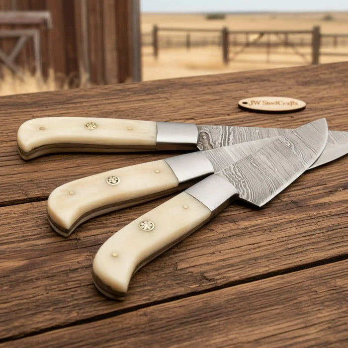 Hammer-Forged Twisted Damascus 4-Piece Steak Knife Set — Camel Bone Handles, Steel Bolster, Full Tang Dining Knives