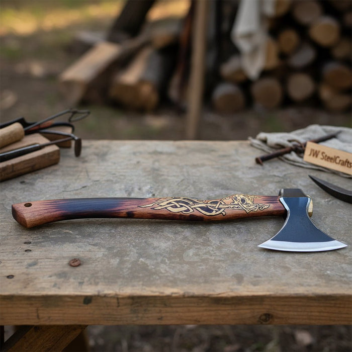 Hand-Forged Viking Bearded Camp Axe with Engraved Hardwood Handle