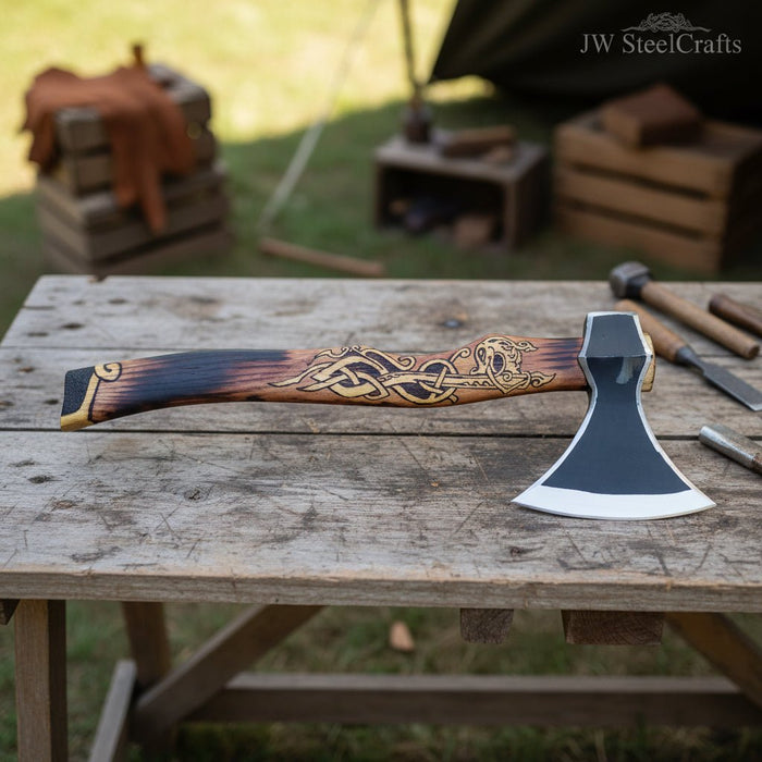 Hand-Forged Viking Bearded Camp Axe with Engraved Hardwood Handle