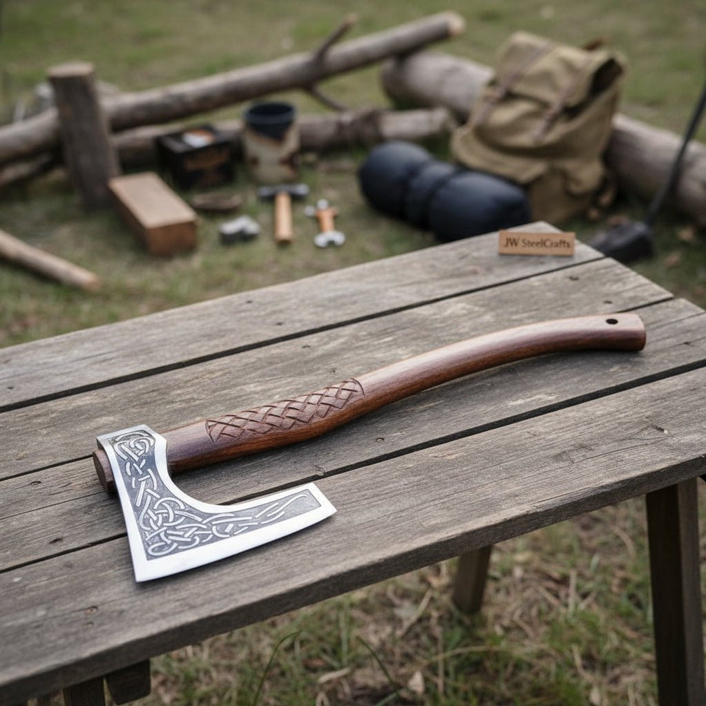 Hand-Forged Viking Bearded Camp Axe with Engraved Head and Leather Wra ...