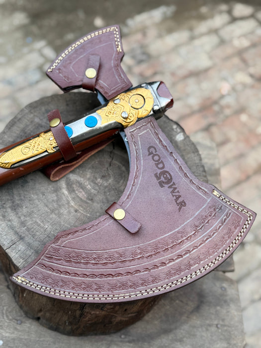 Hand Forged Viking Fantasy Double-Bit Axe with Norse Engraving, Gold Handle Fittings and Blue Gemstone Inlays