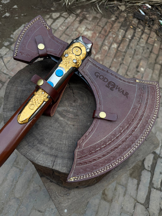 Hand Forged Viking Fantasy Double-Bit Axe with Norse Engraving, Gold Handle Fittings and Blue Gemstone Inlays