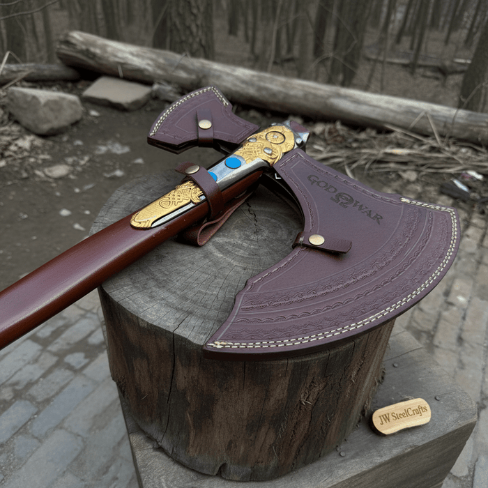 Hand Forged Viking Fantasy Double-Bit Axe with Norse Engraving, Gold Handle Fittings and Blue Gemstone Inlays