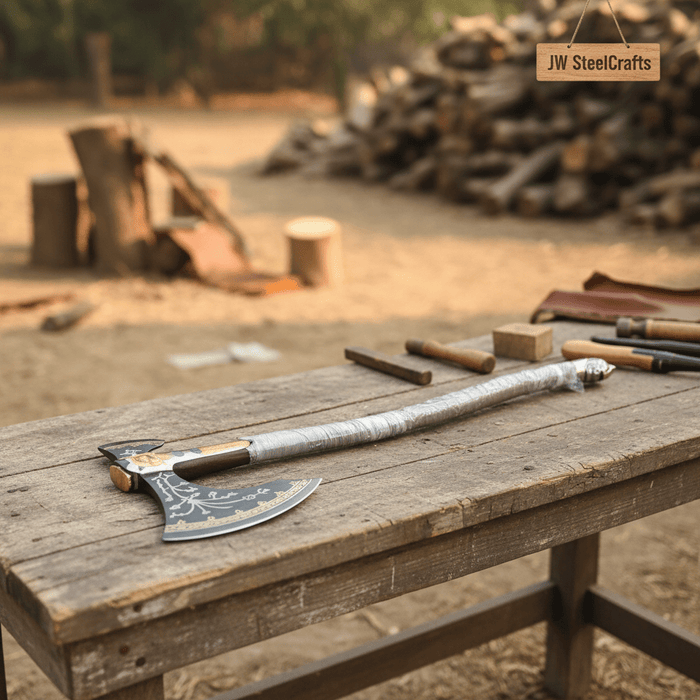 Hand Forged Viking Fantasy Double-Bit Axe with Norse Engraving, Gold Handle Fittings and Blue Gemstone Inlays