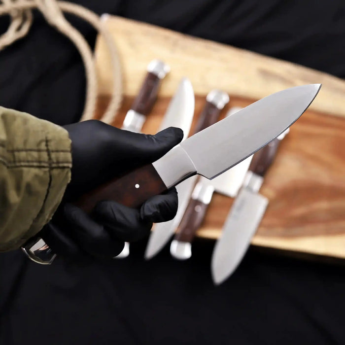 Handmade 6 Piece Chef Knife Set with Leather Roll – Full Tang Kitchen Knives Set with Cleaver, Chef, Santoku, Utility & Paring