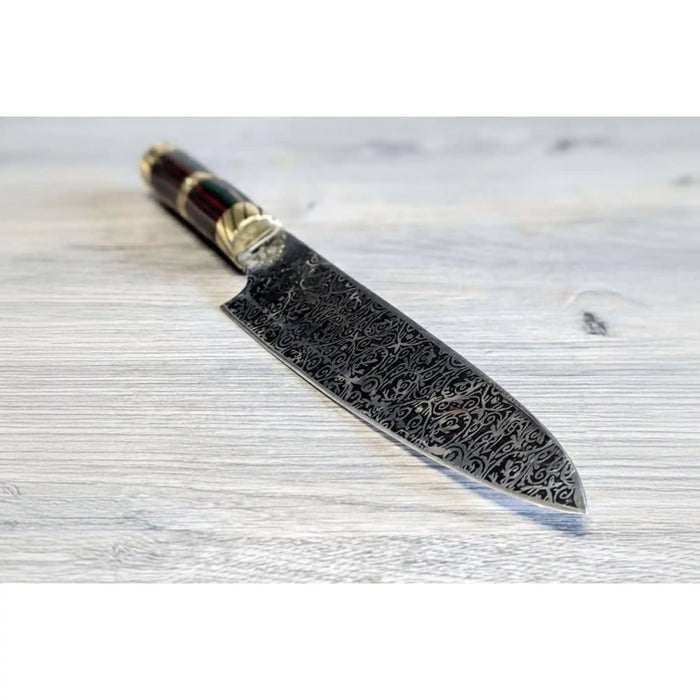8” Acid-Etched Gyuto Chef Knife with Rosewood Handle & Brass Bolster (Full Tang)