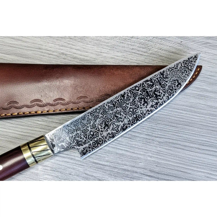 8” Acid-Etched Gyuto Chef Knife with Rosewood Handle & Brass Bolster (Full Tang)