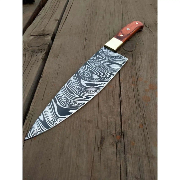 8” Carbon Steel Gyuto Chef Knife – Twisted Acid-Etched Blade with Red Pakka Wood Handle