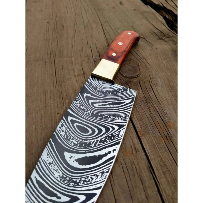 8” Carbon Steel Gyuto Chef Knife – Twisted Acid-Etched Blade with Red Pakka Wood Handle