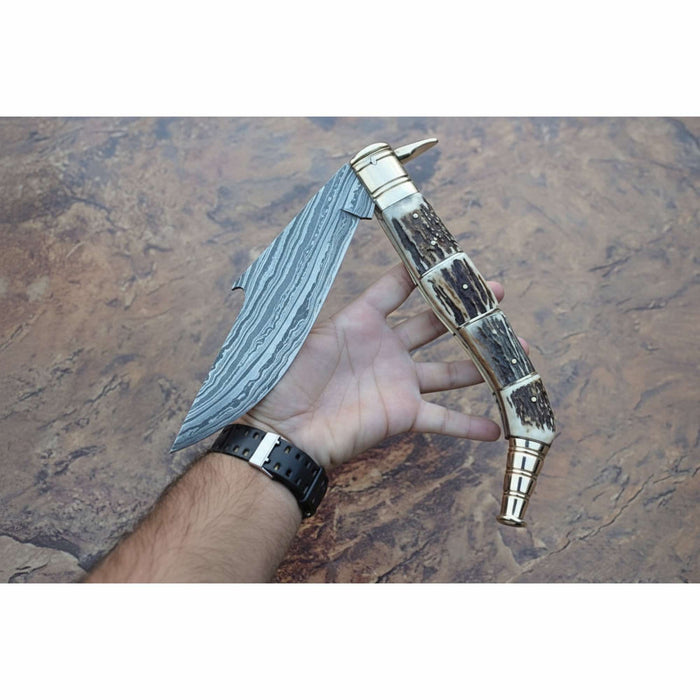 Handcrafted Damascus Steel Big Folding Knife with Genuine Antler Stag Horn Handle