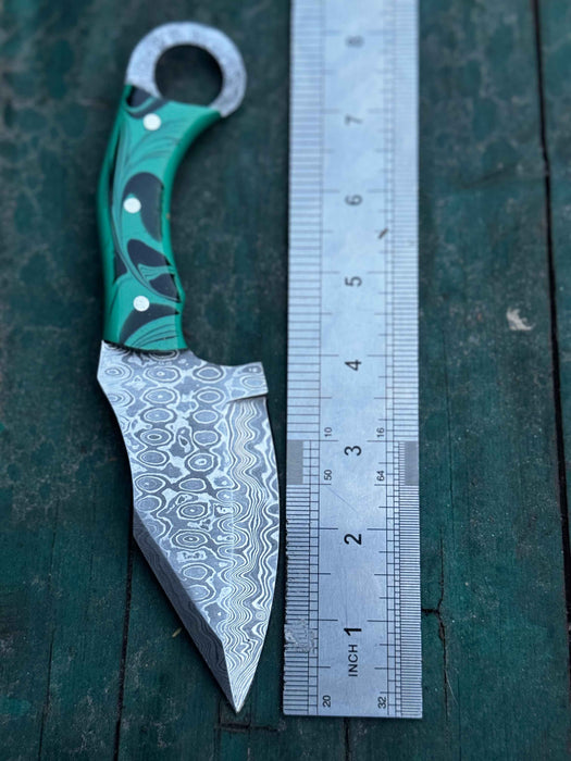 Handcrafted Damascus Steel Ring Handle Outdoor Utility Knife – Resin Grip – JW SteelCrafts