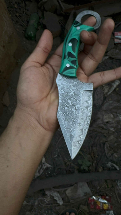 Handcrafted Damascus Steel Ring Handle Outdoor Utility Knife – Resin Grip – JW SteelCrafts