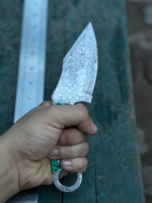 Handcrafted Damascus Steel Ring Handle Outdoor Utility Knife – Resin Grip – JW SteelCrafts