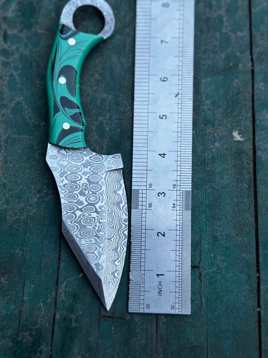 Handcrafted Damascus Steel Ring Handle Outdoor Utility Knife – Resin Grip – JW SteelCrafts