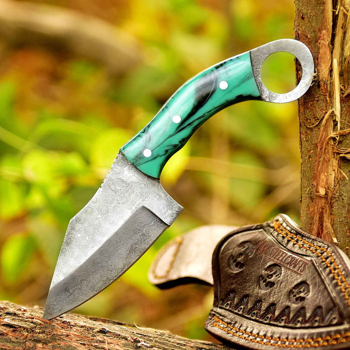Handcrafted Damascus Steel Ring Handle Outdoor Utility Knife – Resin Grip – JW SteelCrafts