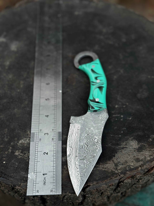 Handcrafted Damascus Steel Ring Handle Outdoor Utility Knife – Resin Grip – JW SteelCrafts
