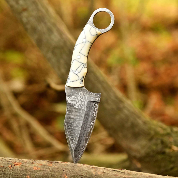 Handcrafted Damascus Steel Ring Handle Outdoor Utility Knife – Resin Grip – JW SteelCrafts