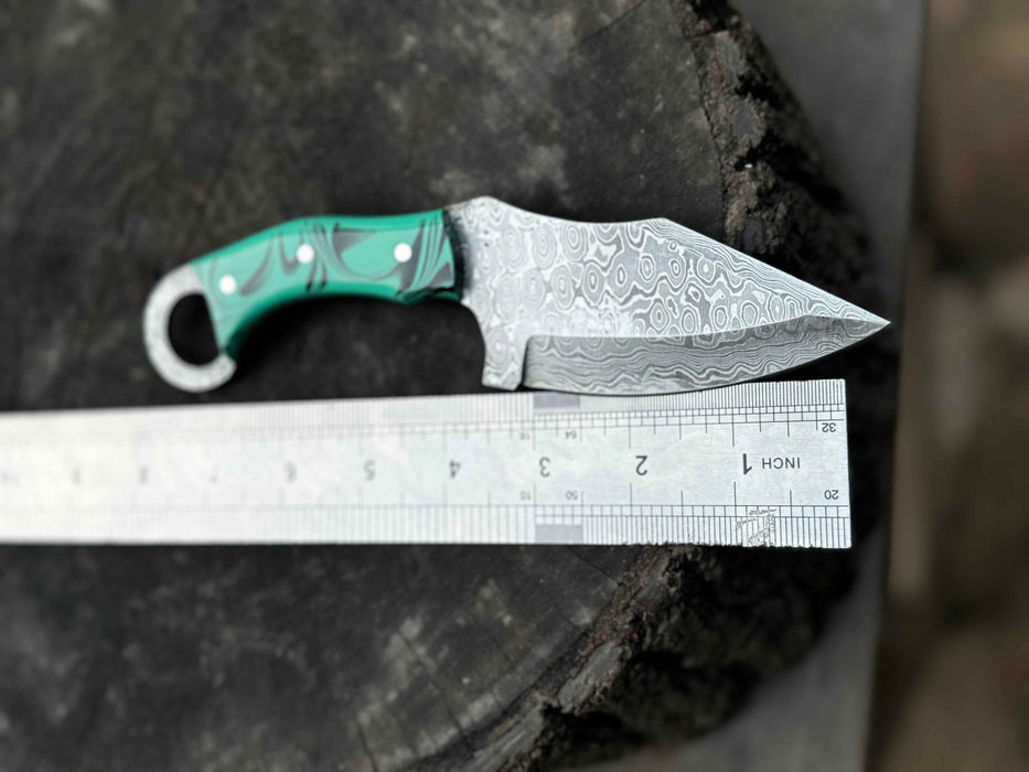 Handcrafted Damascus Steel Ring Handle Outdoor Utility Knife – Resin Grip – JW SteelCrafts