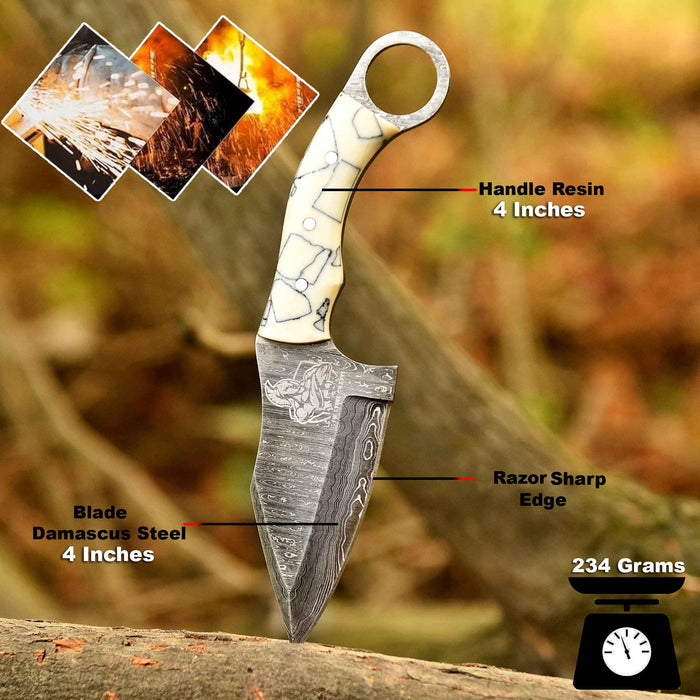 Handcrafted Damascus Steel Ring Handle Outdoor Utility Knife – Resin Grip – JW SteelCrafts