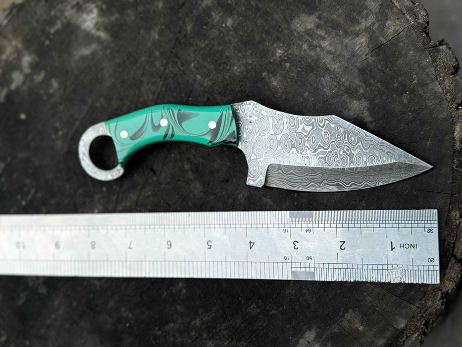 Handcrafted Damascus Steel Ring Handle Outdoor Utility Knife – Resin Grip – JW SteelCrafts