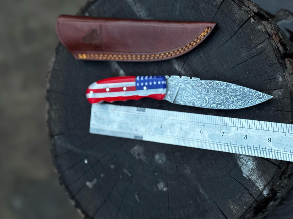 Handcrafted Damascus Steel Utility Knife with American Flag Handle | Leather Sheath | JW SteelCrafts
