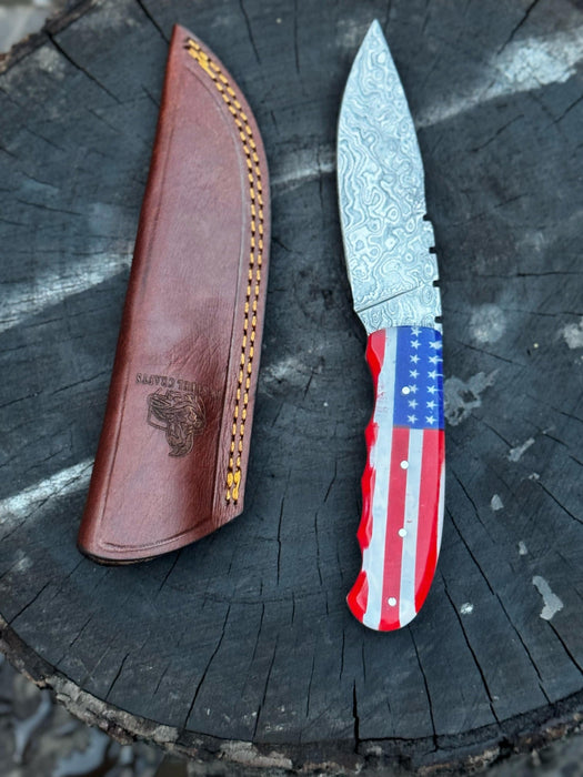 Handcrafted Damascus Steel Utility Knife with American Flag Handle | Leather Sheath | JW SteelCrafts