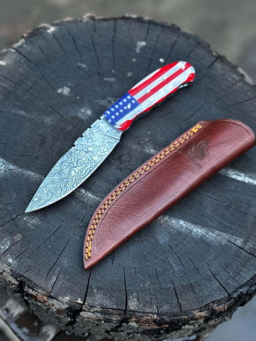 Handcrafted Damascus Steel Utility Knife with American Flag Handle | Leather Sheath | JW SteelCrafts