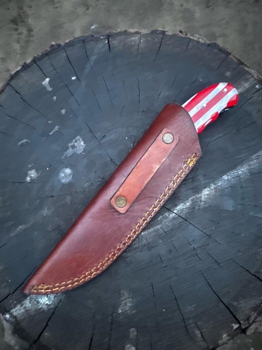 Handcrafted Damascus Steel Utility Knife with American Flag Handle | Leather Sheath | JW SteelCrafts