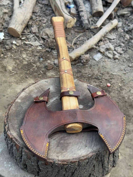 Handcrafted Double-Head Decorative Axe with Wooden Handle – JW SteelCrafts