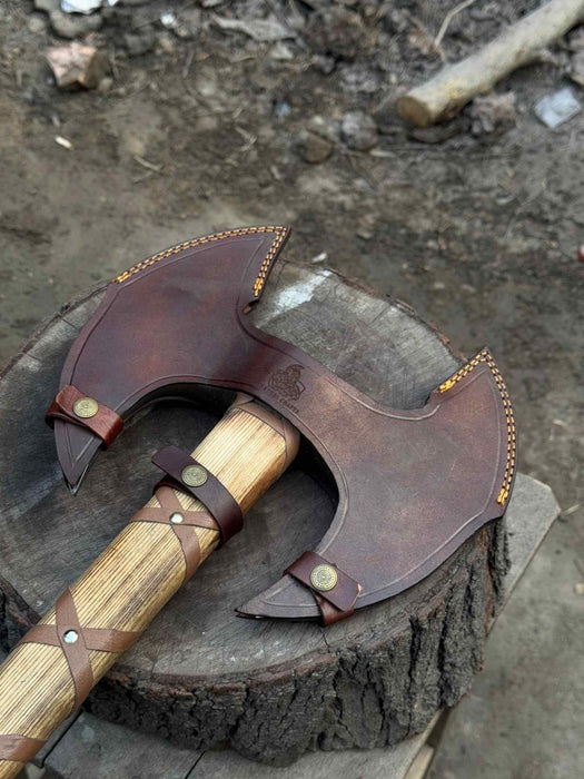Handcrafted Double-Head Decorative Axe with Wooden Handle – JW SteelCrafts