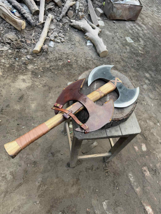 Handcrafted Double-Head Decorative Axe with Wooden Handle – JW SteelCrafts