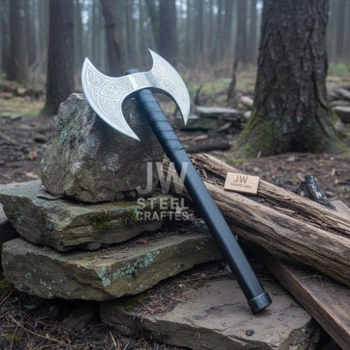 Custom Handmade Double-Headed Viking Axe with Nordic Knotwork Engravings and Cord-Wrapped Handle