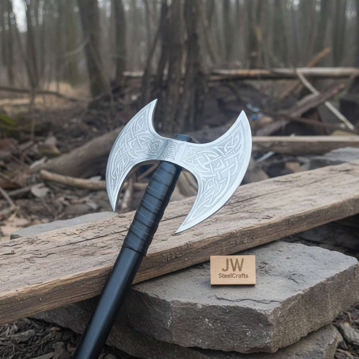 Custom Handmade Double-Headed Viking Axe with Nordic Knotwork Engravings and Cord-Wrapped Handle