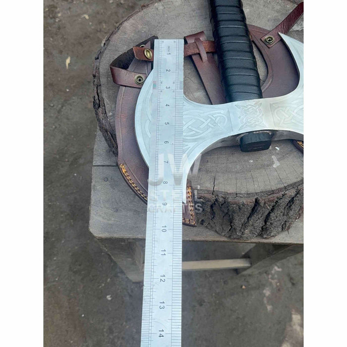 Custom Handmade Double-Headed Viking Axe with Nordic Knotwork Engravings and Cord-Wrapped Handle