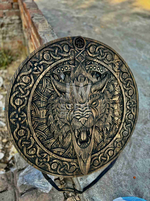 Handcrafted Viking Shield and Engraved Axe Set with Raven Motif and Norse Knotwork