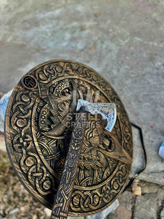 Handcrafted Viking Shield and Engraved Axe Set with Raven Motif and Norse Knotwork