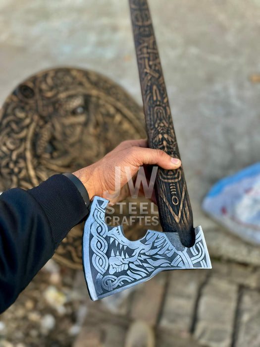 Handcrafted Viking Shield and Engraved Axe Set with Raven Motif and Norse Knotwork