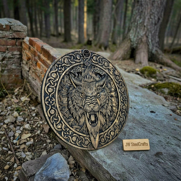 Handcrafted Viking Shield and Engraved Axe Set with Raven Motif and Norse Knotwork