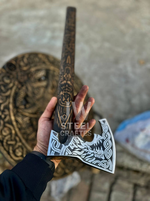 Handcrafted Viking Shield and Engraved Axe Set with Raven Motif and Norse Knotwork