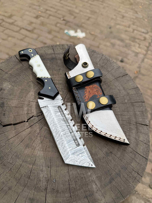 10-Inch Damascus Tracker Knife — Black & White Resin Handle, Filework Spine, Curved Guard & Leather Sheath
