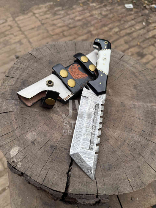 10-Inch Damascus Tracker Knife — Black & White Resin Handle, Filework Spine, Curved Guard & Leather Sheath
